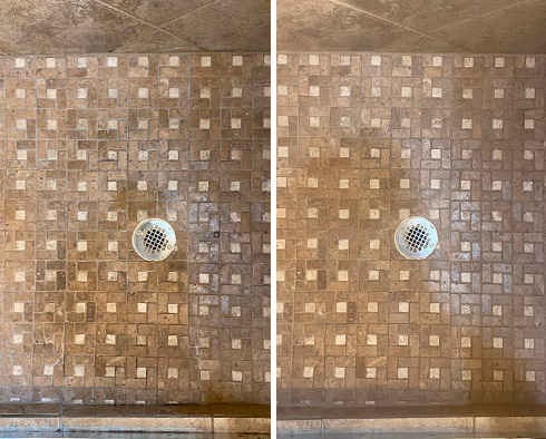 Master Shower Before and After Our Sandy Grout Cleaning Service