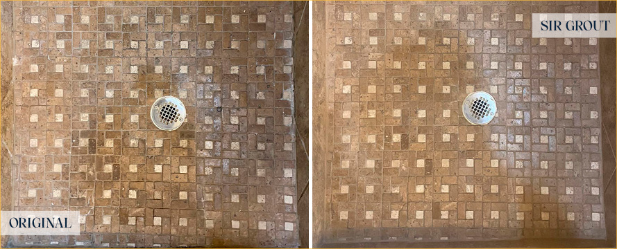 Master Shower Before and After Our Sandy Grout Cleaning Service