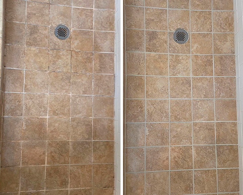 Shower Before and  After Our Magna Grout Cleaning Service