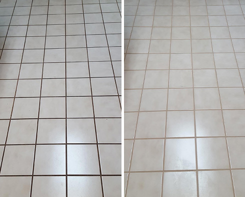 Kitchen Floor Before and After Our Sandy Grout Cleaning Service