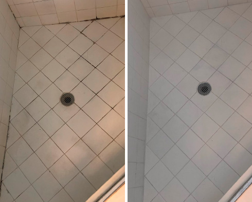Master Shower Before and After Our Riverton Tile and Grout Cleaners Work