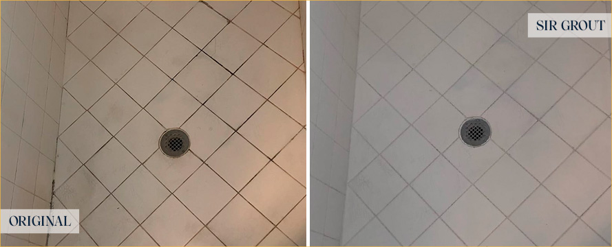 Master Shower Before and After Our Riverton Tile and Grout Cleaners Work