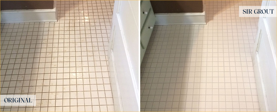 Bathroom Floor Before and After Our Sandy Grout Cleaning Service